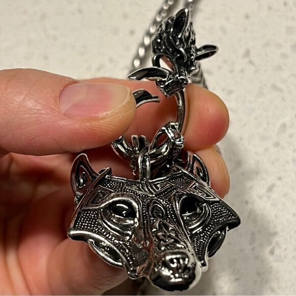 Zinc Alloy Viking Style Wolf Head Pendant Necklace, Retro Amulet Jewelry - Picture 7 of 14